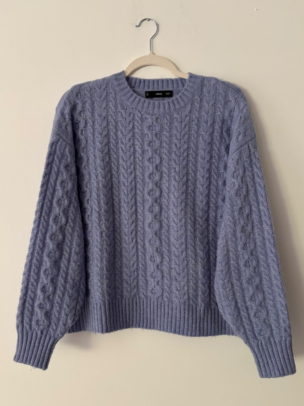 MNG Mango Womens Cable Knit Sweater Size M Periwinkle Blue Crew Neck Cropped